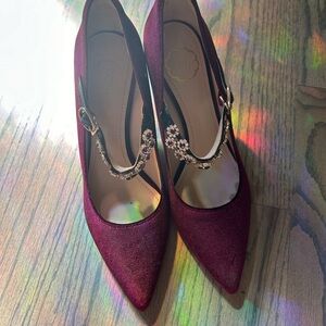 73 hours women wine red velvet point toe heels with shinning flower butt…
